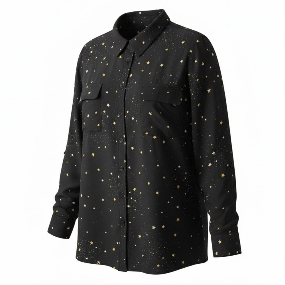Investments Gold Star Celestial Print Button Down Blouse Black 2X Plus Size